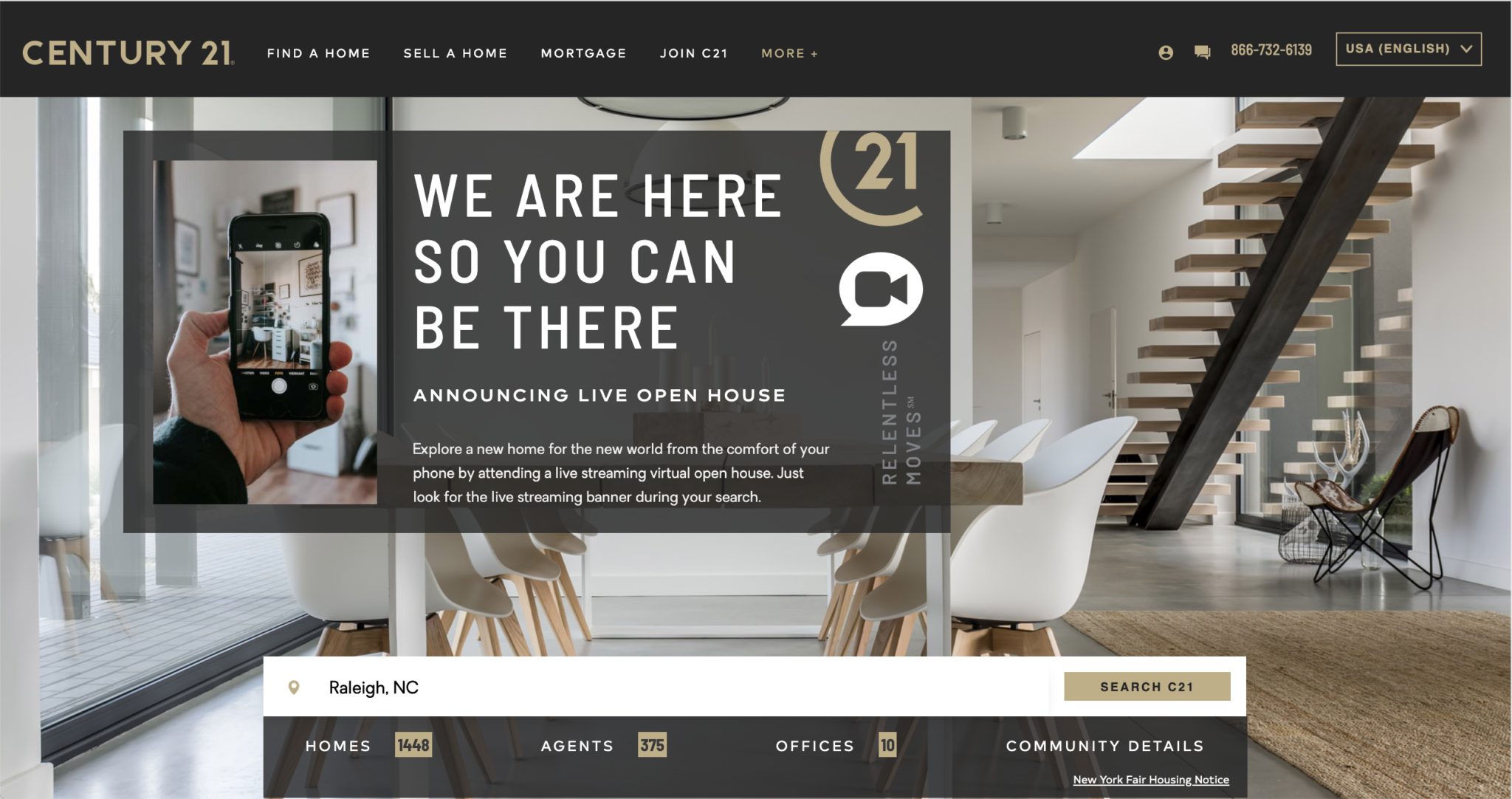 Image of Century 21 website promoting live open house with a person taking a photo inside a modern home.