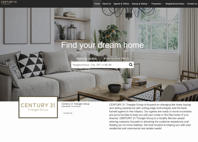 Image of Century 21 Triangle Group website with a cozy living room and search bar for finding dream homes.