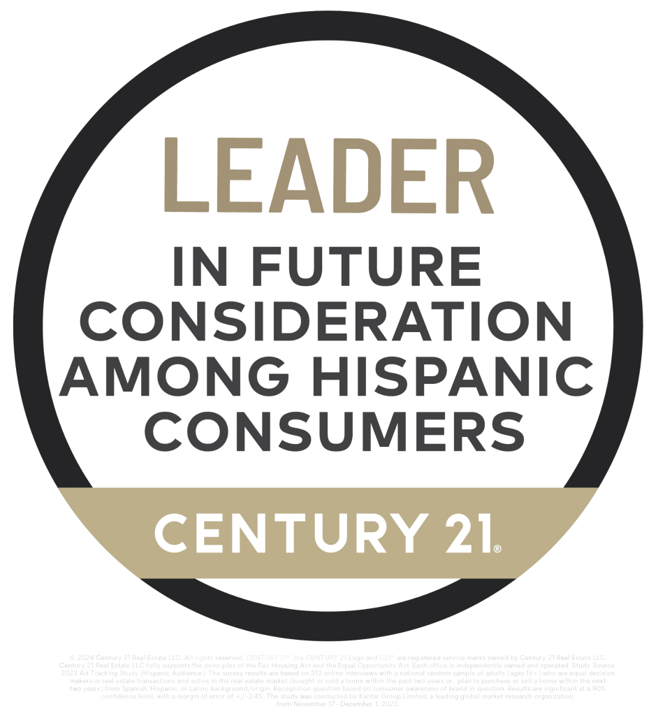 CENTURY 21 recognition badge highlighting leadership in future consideration among Hispanic consumers.