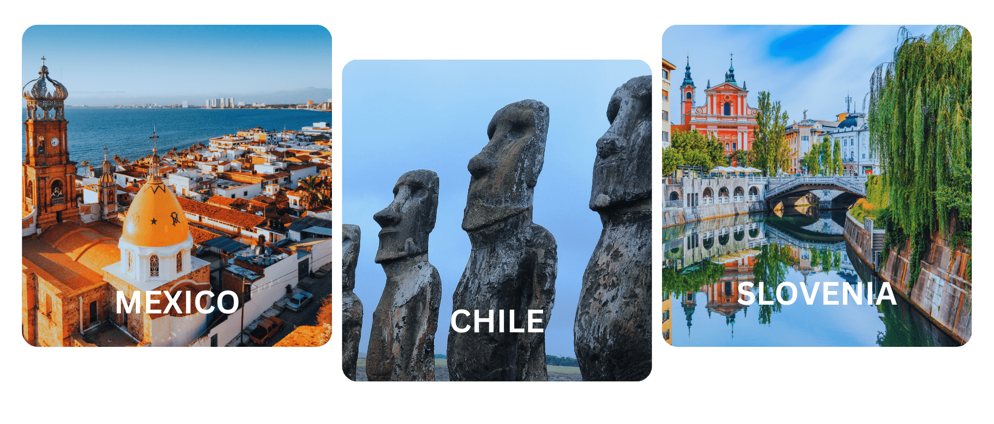 Three images representing global real estate destinations: Mexico, Chile, and Slovenia, illustrating CENTURY 21 Triangle Group's international reach.