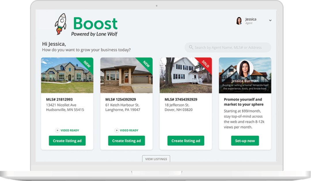 Screenshot of the Boost platform powered by Lone Wolf showing listing ads and marketing options.