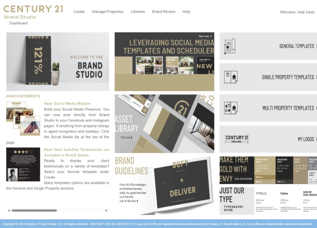 Screenshot of the Century 21 Brand Studio dashboard with various templates and announcements.