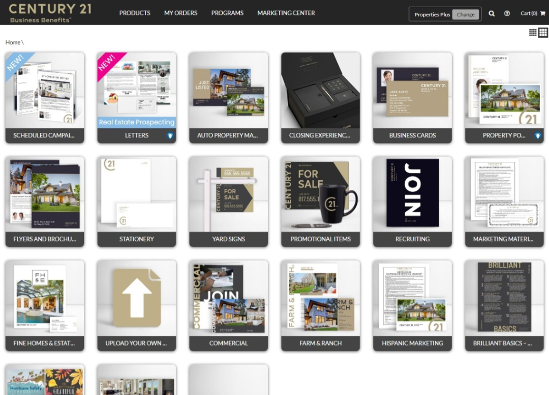 Screenshot of the Century 21 Business Benefits Marketing Center, showcasing different marketing products and services available for agents.