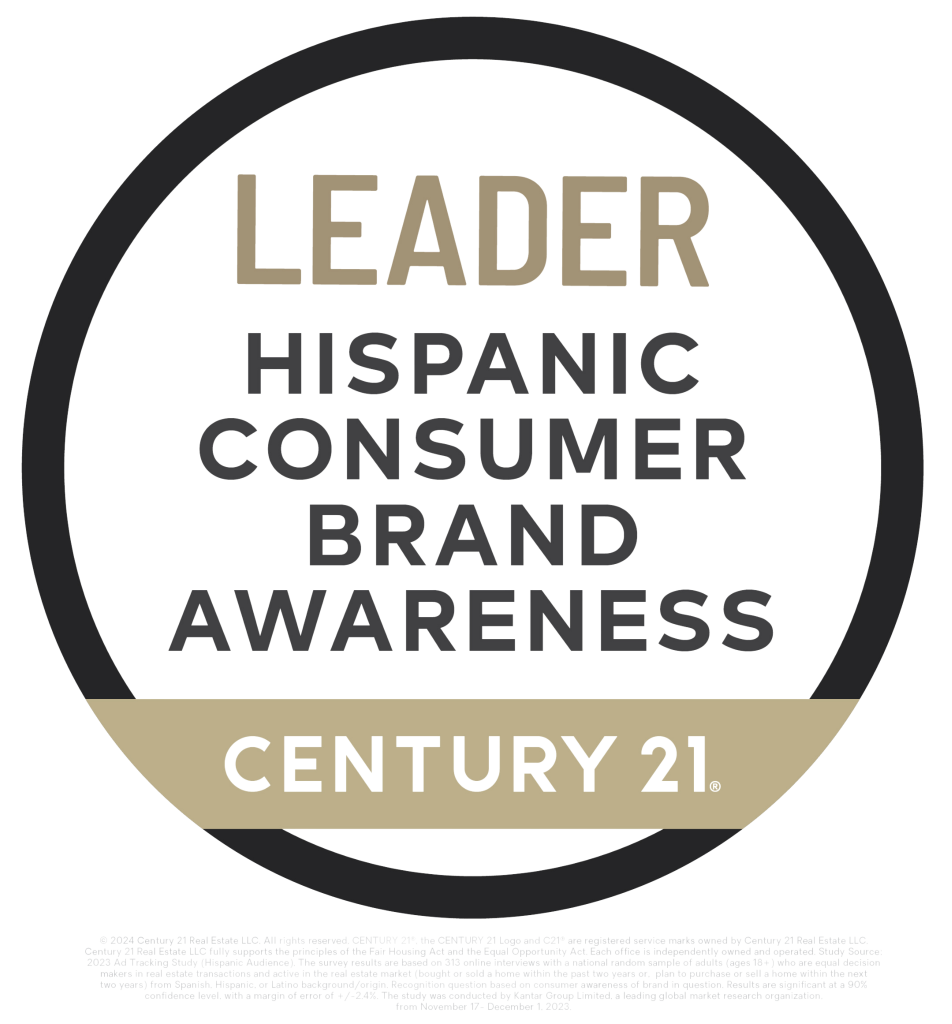 Badge recognizing Century 21 as the leader in Hispanic consumer brand awareness, with text highlighting the achievement.