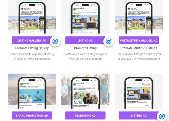 Examples of digital real estate advertisements displayed on mobile phones, including listing gallery ads, listing ads, multi-listing carousel ads, brand promotion ads, and recruiting ads.