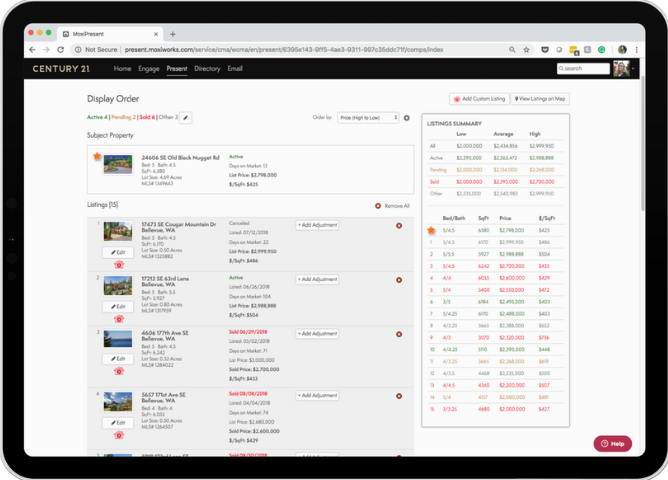 Screenshot of the MoxiPresent tool displayed on a tablet, showing property listings and a listings summary.