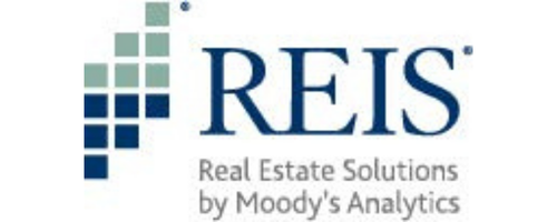 Logo of REIS, Real Estate Solutions by Moody's Analytics, featuring the company name and a geometric design in blue and green.