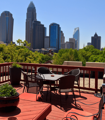 Rooftop patio with a view of the Charlotte, NC skyline featuring modern skyscrapers on a clear day.