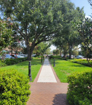 Brick-paved pathway surrounded by lush greenery in Summerville, South Carolina.