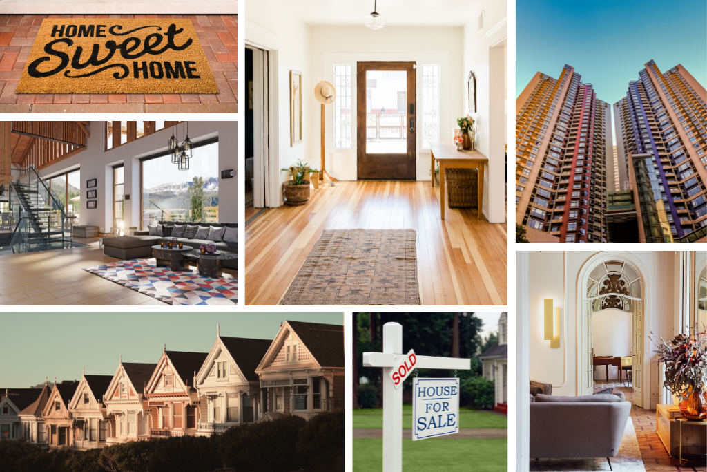 A collage featuring various real estate images, including a "Home Sweet Home" doormat, modern living room, hallway entrance, apartment buildings, Victorian homes, a "House for Sale" sign, and a cozy sitting area.