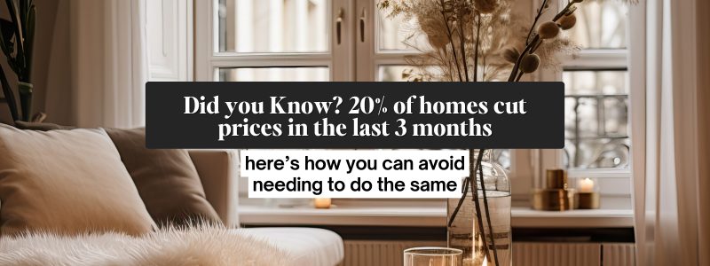 Living room with cozy couch, fluffy pillow, and fall flowers with text overlay about 20% of Raleigh homes reducing prices and tips to avoid price cuts